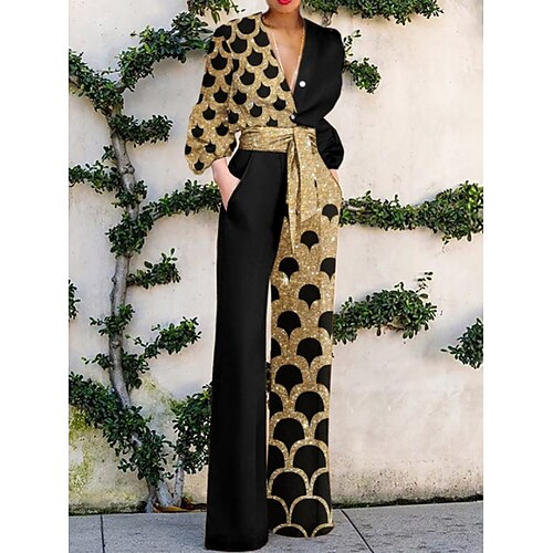 

Women's Jumpsuit Lace up Patchwork Print V Neck Elegant Daily Vacation Straight Regular Fit Long Sleeve Black S M L Spring