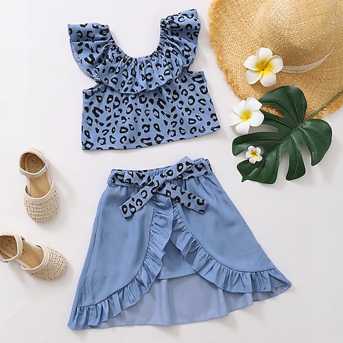 

2 Pieces Kids Girls' Shirt & Skirt Outfit Graphic Leopard Polka Dot Sleeveless Patchwork Cotton Set Outdoor Comfort Sweet Spring Summer 2-6 Years Light Blue