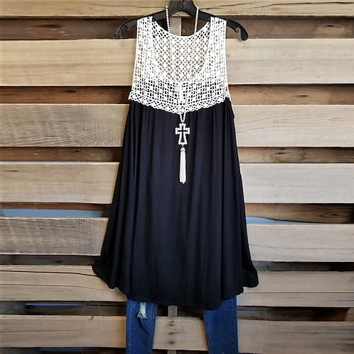 

Women's Plus Size Holiday Dress Solid Color Crew Neck Lace Sleeveless Spring Summer Casual Knee Length Dress Causal Daily Dress