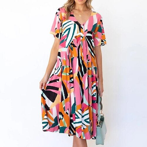 

Women's Swing Dress Midi Dress Pink Short Sleeve Color Block Print Fall Spring V Neck Weekend Loose Fit 2022 S M L XL