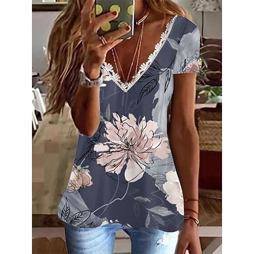 

Damen T Shirt Weiß Gelb Königsblau Blumen Spitze Bedruckt Kurzarm Casual Festtage Basic V Ausschnitt Standard Blume Farbe S