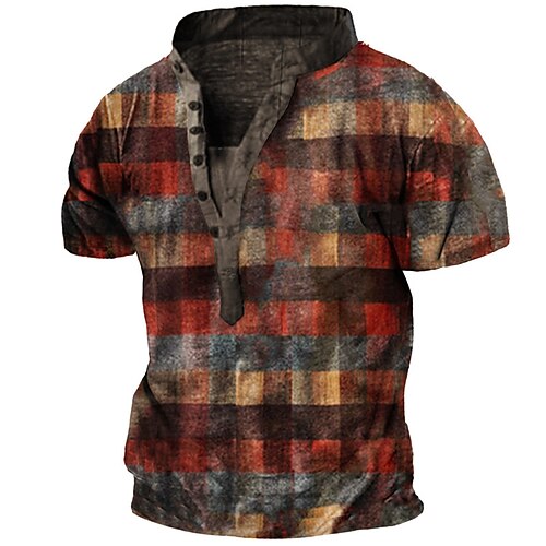

Men's T shirt Tee Henley Shirt Tee Graphic Lattice Henley Red 3D Print Outdoor Casual Short Sleeve Button-Down Print Clothing Apparel Vintage Sports Fashion Retro / Summer / Summer