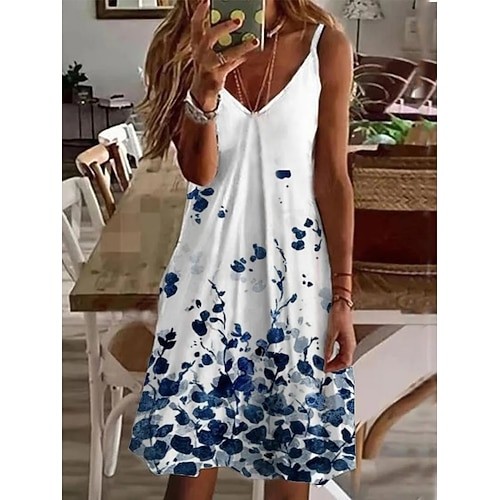 

Mulheres Vestido Boho Azul Claro Sem Manga Floral Imprimir Primavera Verão Decote V 2022 S M L XL XXL 3XL