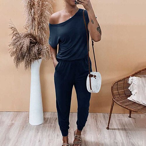 

Women's Jumpsuit Pocket Solid Color Crew Neck Active Home Street Regular Fit Short Sleeve Green Wine Army Green S M L Spring