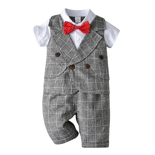 

2 Piezas Bebé Chico Chaleco de Traje Conjunto de Ropa Vestimenta Plaid Manga Corta Lazo Algodón Establecer Exterior Amable Primavera Verano 1-4 años Azul claro Gris