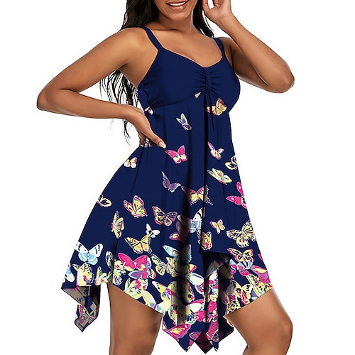 

Women's Swimwear Tankini Swim Dress 2 Piece Plus Size Swimsuit Open Back Printing for Big Busts Animal Butterfly Navy Blue Camisole Strap Bathing Suits New Vacation Fashion