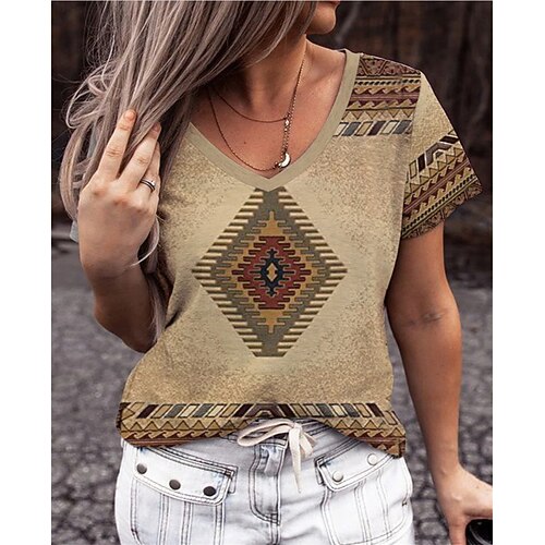 

Women's T shirt Tee Khaki Geometric Tribal Patchwork Print Short Sleeve Casual Daily Basic V Neck Regular S / 3D Print