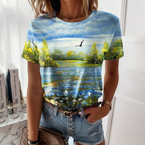 

Mulheres Camiseta Azul Cenário 3D Imprimir Manga Curta Casual Feriado Básico Decote Redondo Padrão 3D Pintura S