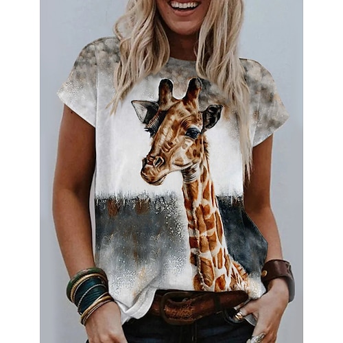 

Women's T shirt Tee White Giraffe 3D Print Short Sleeve Casual Weekend Basic Round Neck Regular 3D Printed Painting S