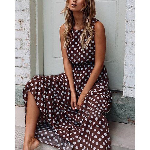 

Women's Swing Dress Maxi long Dress Black Navy Blue Khaki Yellow Sleeveless Polka Dot Polka Dots Summer Round Neck Elegant Casual 2022 S M L XL XXL