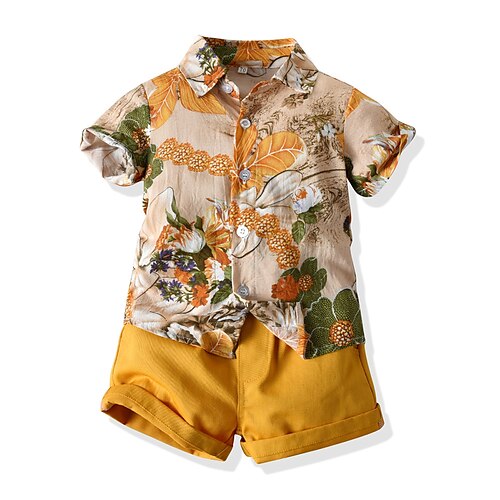 

2 Pieces Kids Boys Shirt & Shorts Clothing Set Outfit Leaf Short Sleeve Print Cotton Set Vacation Active Casual Spring Summer 2-6 Years Green Yellow Light Green