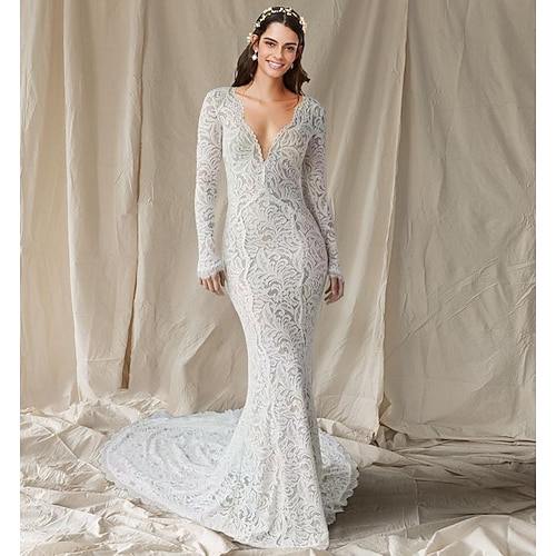 

Mermaid / Trumpet Wedding Dresses V Neck Court Train Lace Long Sleeve Boho Sexy with Solid Color 2022