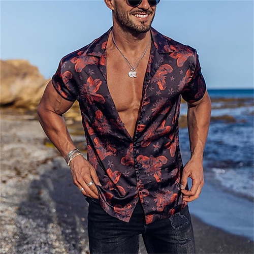 

Men's Shirt Graphic Patterned Turndown Street Casual Button-Down Print Short Sleeve Tops Casual Fashion Breathable Comfortable Black / Red
