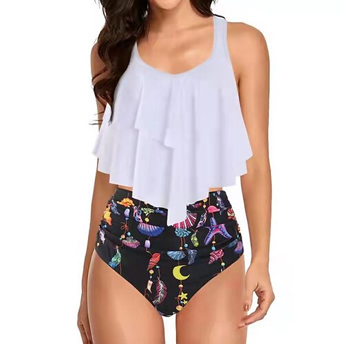 

Maillots de Bain Tankini 2 pièces Maillot de bain Femme A Volants Dos ouvert Imprimé pour les grosses poitrines Etoile Grande Taille Camisole A Bretelles Maillots de bain nouveau Vacances Mode