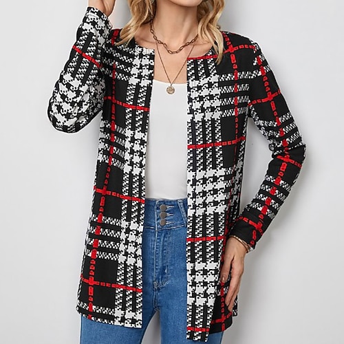 

Women's Jacket Casual Jacket Daily Spring Summer Regular Coat Regular Fit Breathable Casual Jacket Long Sleeve Plaid / Check Print White Black Red