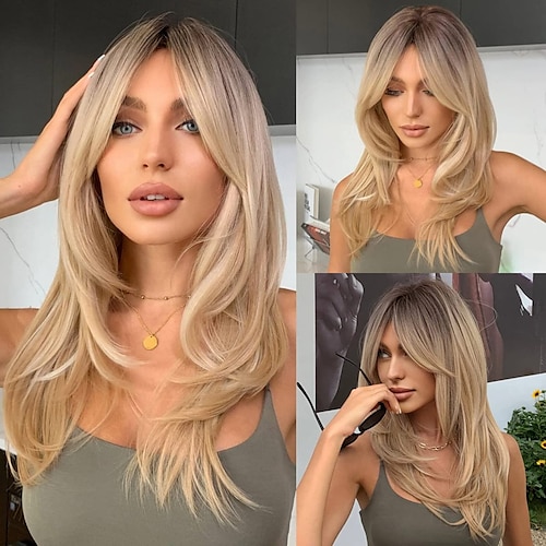 

Long Blonde Wigs for Women Black Ombre Light Blonde Wig with Bangs Layered Synthetic Hair Wig with Dark Roots for Daily Party