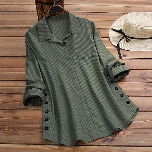 

Women's Blouse Shirt Green Yellow Striped Button Pocket Long Sleeve Daily Weekend Casual Shirt Collar Regular S