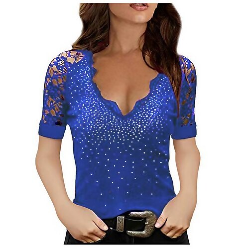 

Women's T shirt Tee Plain Sparkly Glitter Shine Home Casual Daily T shirt Tee Short Sleeve V Neck Fashion Sexy Black Blue Red Wine S