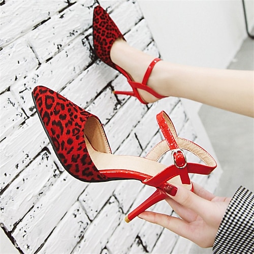 

Damen Sandalen Täglich Sommer Stöckelabsatz Spitze Zehe Minimalismus PU Leder Knöchelriemen Leopard Mandelfarben Schwarz Rot