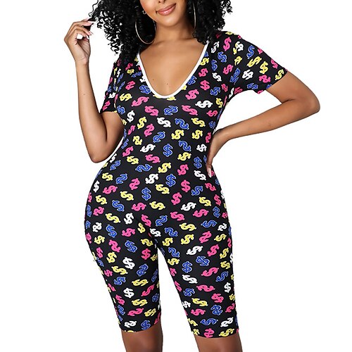 

Women's Romper Print Geometric V Neck Casual Daily Holiday Regular Fit Short Sleeve White Black S M L Spring
