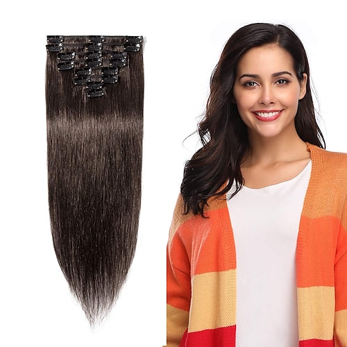 

Clip in 100% Remy Human Hair Extensions 10""-24"" Grade 7A Quality Full Head 8pcs 18clips Short Soft Silky Straight for Women Fashion 70g Dark Brown#2