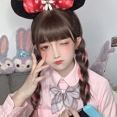 

Wig Female Long Hair Highlighting Pink Long Straight Hair Cute And Realistic jk Lolita Sweet And Natural Style