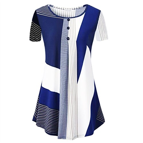

Damen Staubiges Blau Kurzarm Plaid Taste Frühling Sommer Rundhalsausschnitt Wochenende Lockere Passform 2022 S M L XL XXL