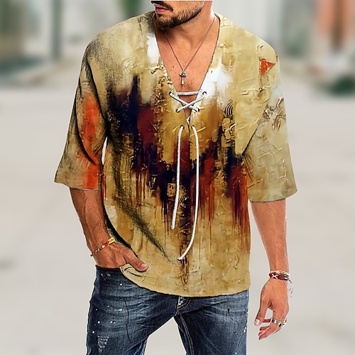 

Men's Shirt Graphic Shirt Gradient V Neck Brown 3D Print Outdoor Casual 3/4 Length Sleeve Drawstring 3D Print Clothing Apparel Fashion Designer Casual Comfortable / Sports