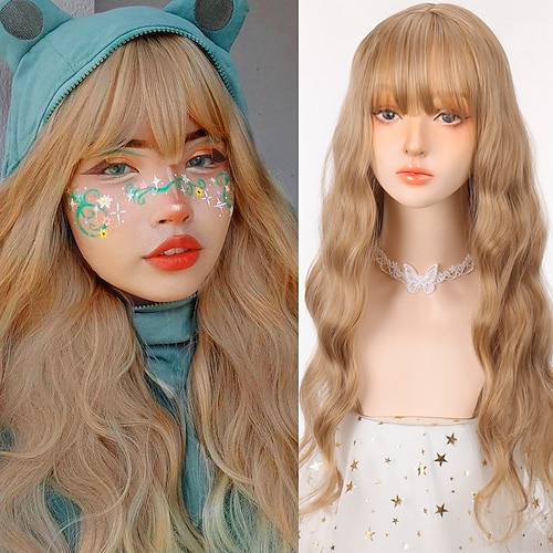 

Blonde Wigs with Bangs Long Gold Women Hair Wigs with Bangs Heat Resistant Synthetic Curly Wigs for Women Cosplay Party
