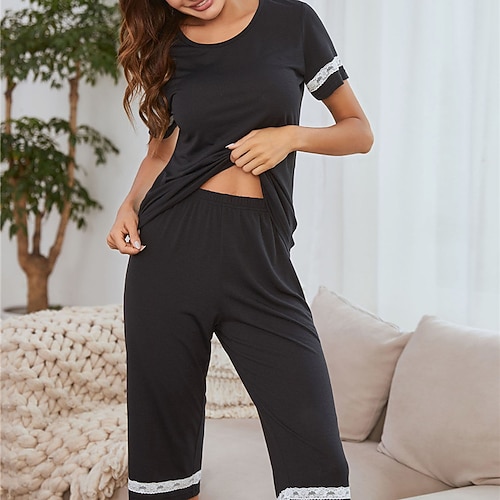 

Women's Pajamas Sets Nighty 1 set Stripe Simple Comfort Home Daily Bed Polyester Breathable Gift Crew Neck Short Sleeve T shirt Tee Shorts Elastic Waist Print Spring Summer Black Light gray