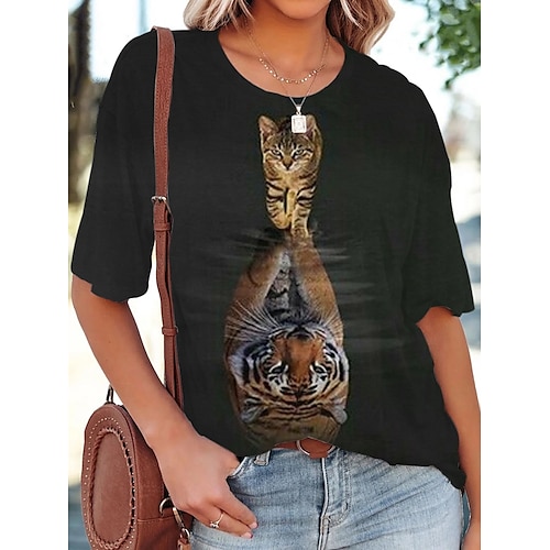 

T shirt Tee Femme Noir tigre Imprimer Manche Courte Casual du quotidien basique Col Rond Normal Ample S