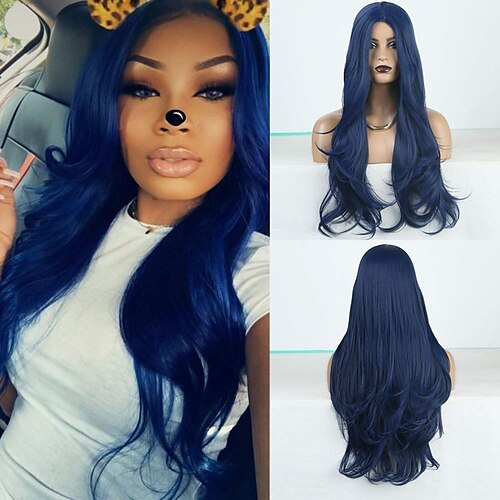 

Blue Wigs Blue Wigs Natural Wave Synthetic Wig for Women Machine Made Hair Replacement Wig with Heat Friendly Fiber Cosplay Wig Middle Part 150% Density Long Body Wavy Wig for Daily Makeup Party Wear