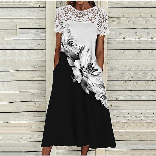 

Women's A Line Dress Midi Dress Black Short Sleeve Floral Pocket Print Spring Summer Round Neck Elegant Casual 2022 S M L XL XXL