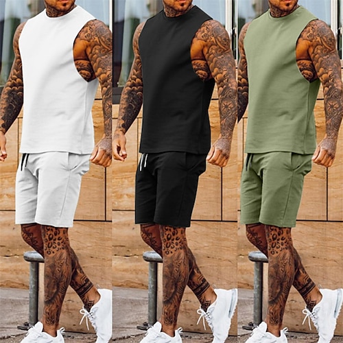 

Herre T-skjorte drakter Joggedress Tennis skjorte Shorts og T-skjorte sett Sett Helfarge Crew-hals utendørs Gate Ermeløs Kortermet 2 deler Klær Sport Mote Designer Fritid