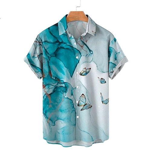 

Homens Camisa Social Borboleta Aberto para a Lateral Azul Ao ar livre Rua Manga Curta 3D Botão para baixo Roupa Moda Casual Respirável Confortável / Verão / Verão