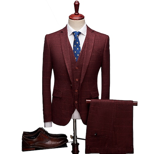 

Burgundy Men's Party / Evening Birthday Suits 3 Piece Checkered Standard Fit Single Breasted One-button 2022