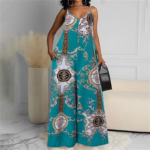 

Women's Jumpsuit Print Print V Neck Casual Daily Regular Fit Sleeveless Blue Yellow Black S M L Summer