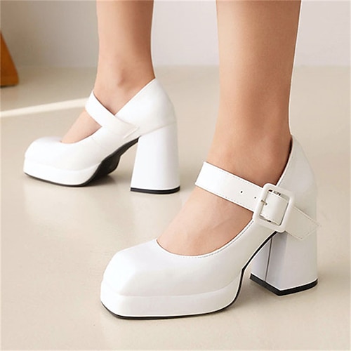 

Women's Heels Daily Summer Chunky Heel Square Toe Sweet PU Leather Ankle Strap Solid Colored Black White Red