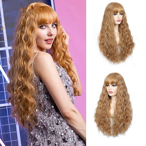 

Blonde Wigs with Bangs Strawberry Honey Blonde Wig With Bangs Long Curly Synthetic Fringe Wigs For White Women Cosplay Costume Hairstyle 18/24