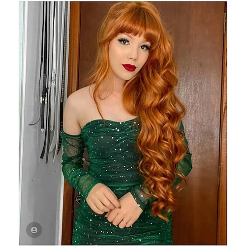 

Long Wavy Wig with Bangs Ginger Orange Wigs for Women Heat Resistant Hair Synthetic None Lace Wigs with Bang 24 Inch for Daily Cosplay Wig