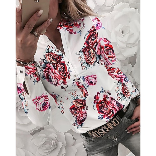 

Women's Blouse Shirt Red White Floral Button Print Long Sleeve Daily Holiday Streetwear Casual V Neck Regular Floral S / 3D Print