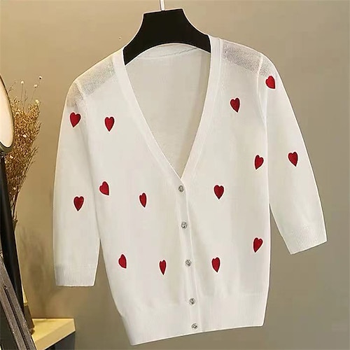 

Women's Cardigan Embroidery Knitted Button Heart Stylish Casual Soft 3/4 Length Sleeve Sweater Cardigans V Neck Spring Summer White Black