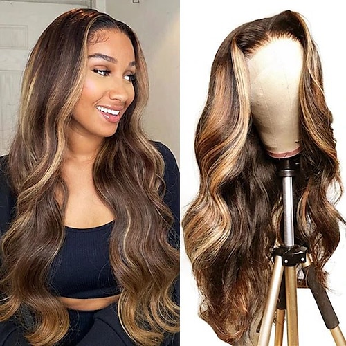 

Remy Human Hair Highlight Lace Front Wig 150% Density 4X4 Lace Wig Body Wave Brazilian Hair Pre Plucked with Baby Hair Piano Color P4/27# 12-28 Inch