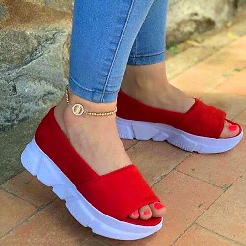 

Women's Sneakers Slippers Daily Plus Size Platform Slippers Summer Flat Heel Peep Toe Casual Walking Shoes PU Leather Loafer Solid Colored Black Dark Blue Red