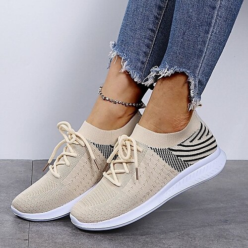 

Women's Sneakers Daily Plus Size Flyknit Shoes Flat Heel Round Toe Casual Minimalism Running Shoes Tissage Volant Lace-up Almond Black Red