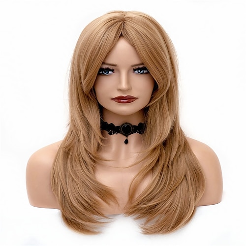 

Blonde Wigs with Bangs Long Wavy Strawberry Blonde Wigs for Women Layered Synthetic Hair Wig with Bangs for Daily Party