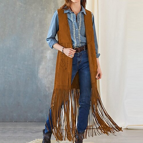 

Women's Vest Outdoor Street Daily Spring Summer Maxi Coat Regular Fit Breathable Streetwear Elegant Jacket Sleeveless Solid Color Tassel Fringe Khaki