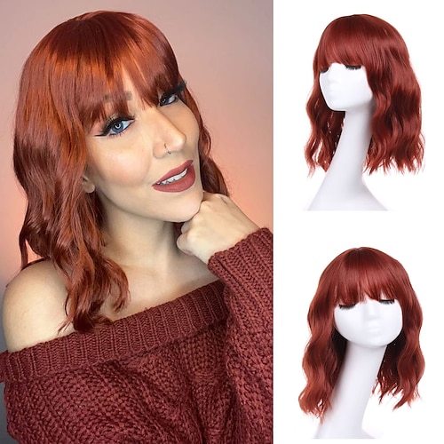 

14 Inch Short Wavy Wig with Air Bangs Shoulder Length Women's Short Black Wig Curly Wavy Synthetic Cosplay Wig Pastel Bob Bob Wig Girls Color Costume Wigs