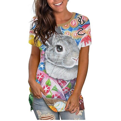 

Women's T shirt Tee Green Yellow Light Green Animal Floral Print Short Sleeve Casual Weekend Basic Round Neck Regular Floral Happy Easter S / 3D Print