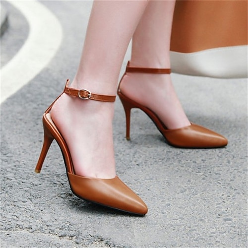 

Women's Sandals Daily Ankle Strap Sandals Summer Stiletto Heel Ankle Strap Heel Pointed Toe Minimalism PU Leather Ankle Strap Solid Colored Almond Dark Brown Black